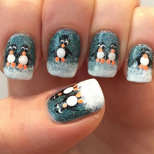 best-popular-winter-nail-art-snow-glitter-design-penguins-BLUE