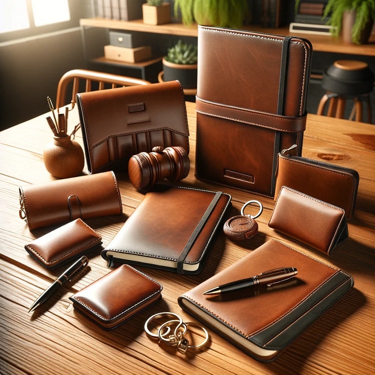 DALL_E_2024-05-20_20.09.30_-_A_natural-looking_image_of_various_leather_corporate_gifts_displayed_on_a_wooden_table._The_items_include_a_leather-bound_notebook_a_leather_pen_case