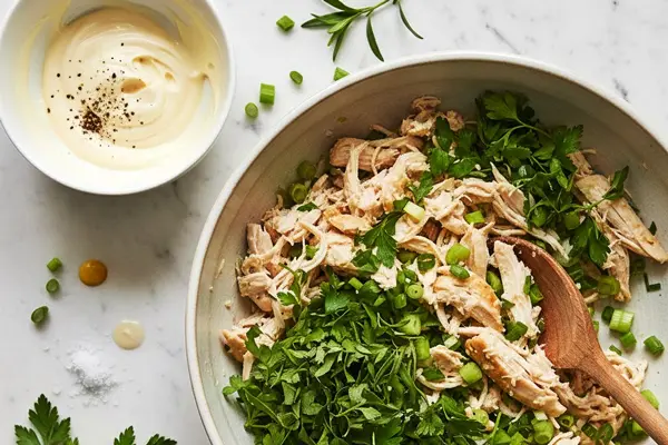 Place-the-cooked-chicken-celery-stalks-spring-onions-tarragon-and-parsley-in-a-bowl-and-mix-well