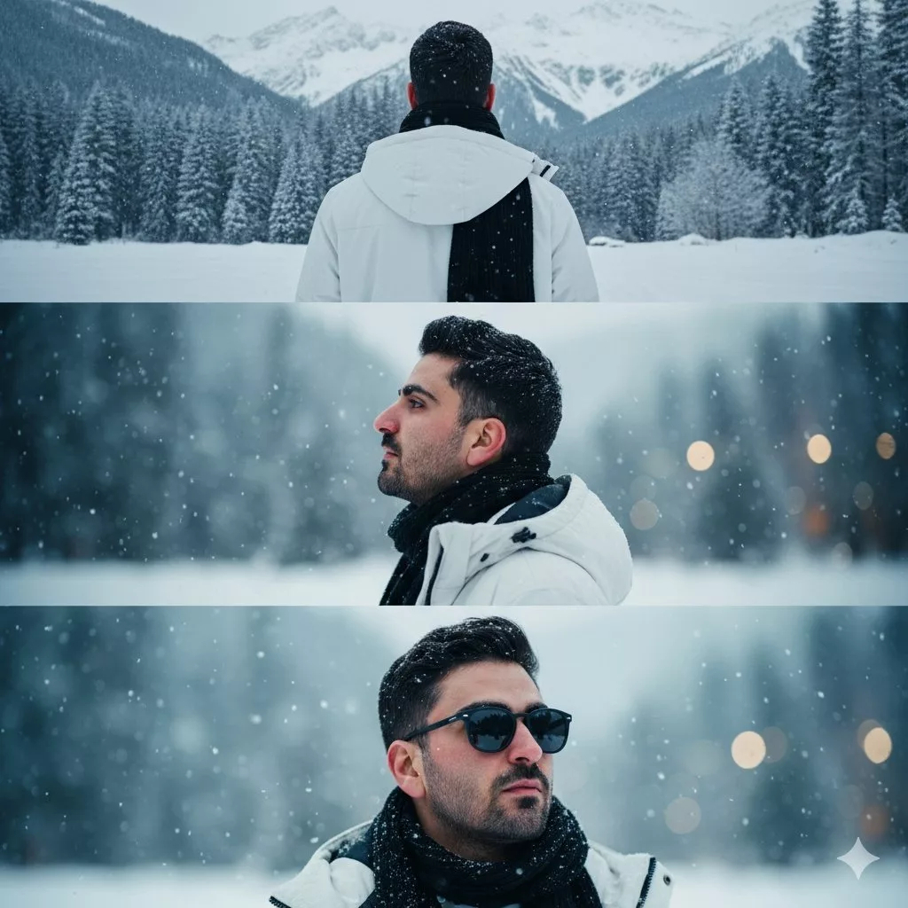 یک مرد با کاپشن سفید و شال گردن سیاه در نمایی زمستانی پوشیده از برف در سه نمای مختلف