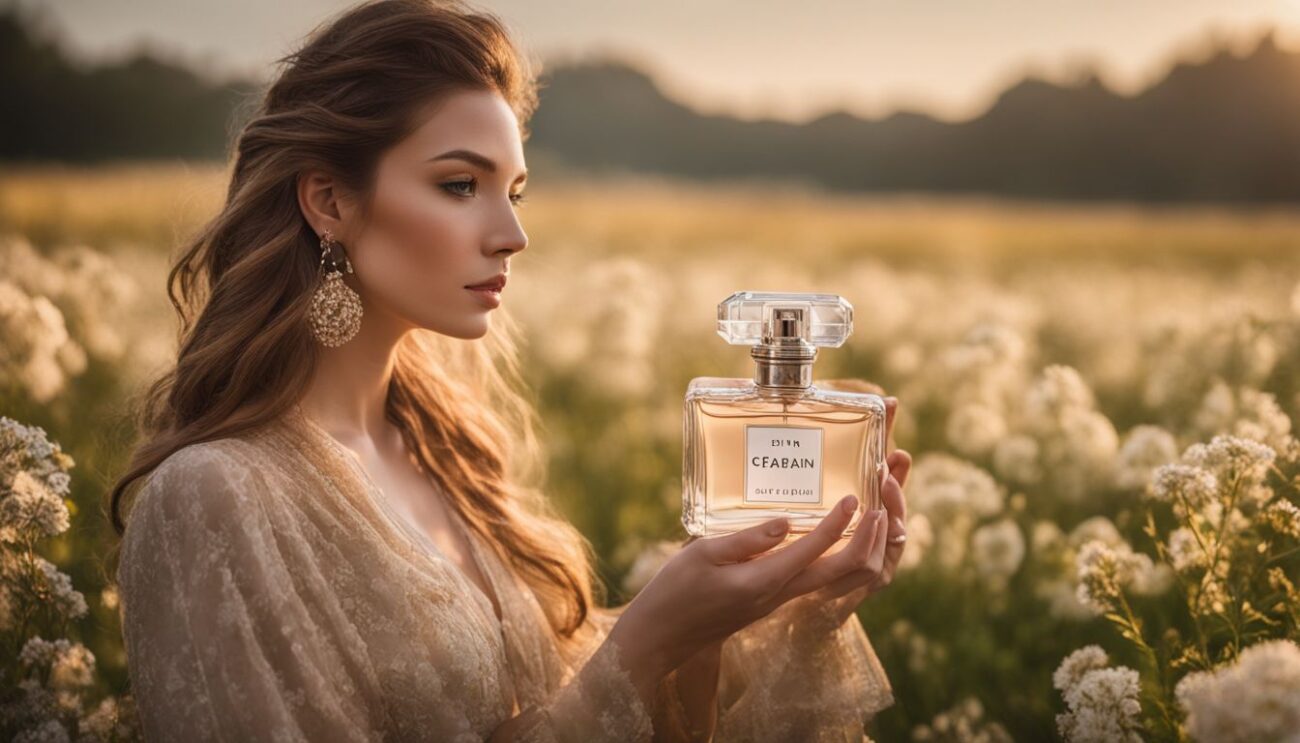 A_woman_holding_a_perfume_bottle_in_a_field_of_blooming_flowers