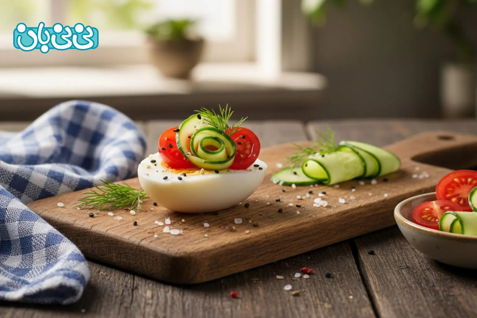 تزیین تخم مرغ آب پز با گوجه و خیار