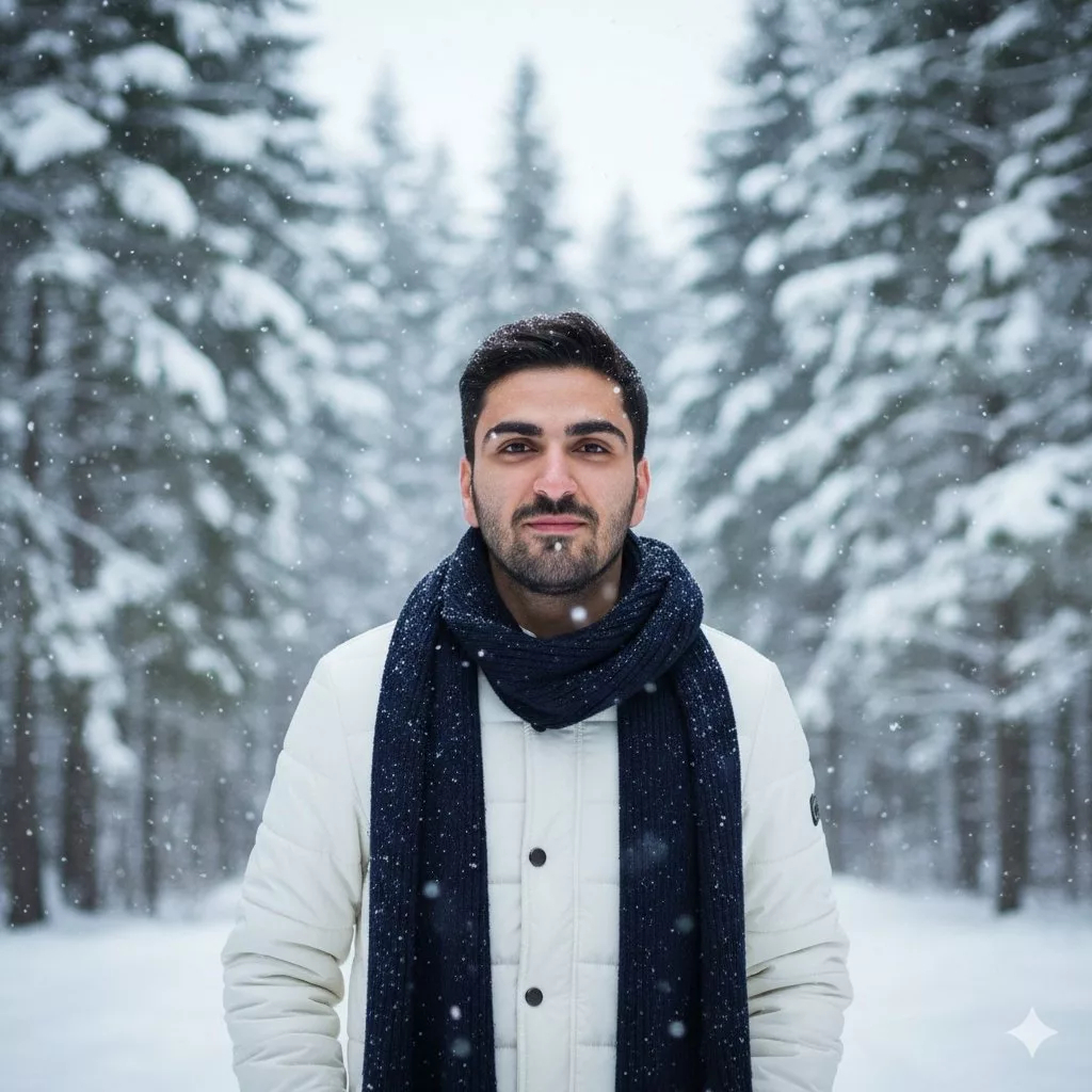 یک مرد ایستاده در جنگلی پوشیده از برف و برف در حال بارش است